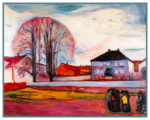 House in Norway Landscape by Symbolist Artist Edvard Munch Counted Cross Stitch Pattern