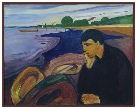Melancholy Man at The Shore by Symbolist Artist Edvard Munch Counted Cross Stitch Chart Pattern DIGITAL DOWNLOAD
