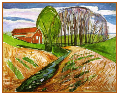 Red House in Spring by Symbolist Artist Edvard Munch Counted Cross Stitch Pattern