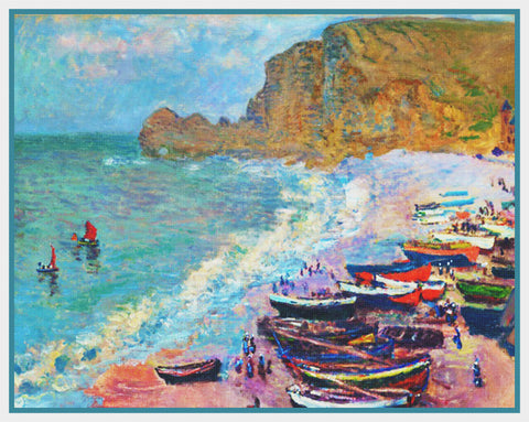 The Beach at Etretat inspired by Claude Monet's impressionist painting Counted Cross Stitch Pattern