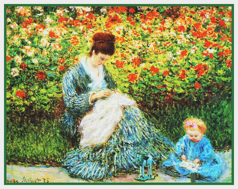Camille and Jean in the Garden inspired by Claude Monet's impressionist painting Counted Cross Stitch Pattern