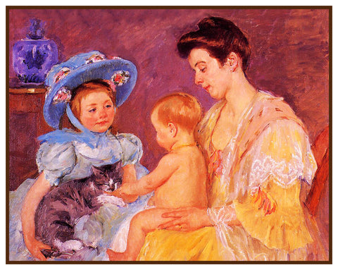 Children Playing with Kitty Cat by American impressionist artist Mary Cassatt Counted Cross Stitch Pattern