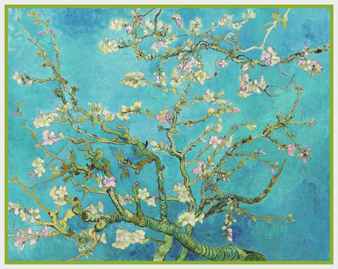Almond Branches on Teal Blue Background by Vincent Van Gogh Counted Cross Stitch Pattern
