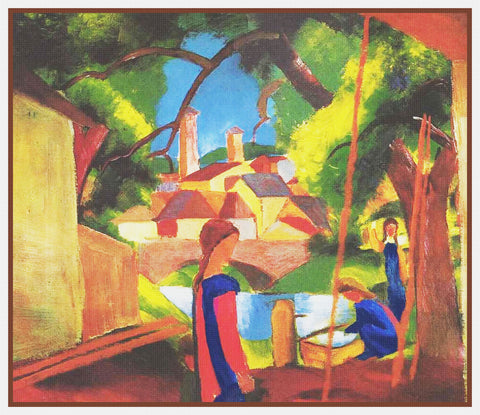 Children at the Fountain by Expressionist Artist August Macke Counted Cross Stitch Pattern