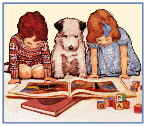 Young Boy, Girl and Dog Reading By Jessie Willcox Smith Counted Cross Stitch Pattern