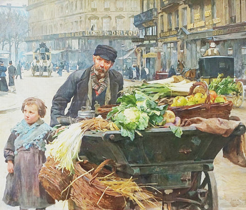 Father Daughter Flower Sellers by Louis Marie De Schryver Counted Cross Stitch Pattern