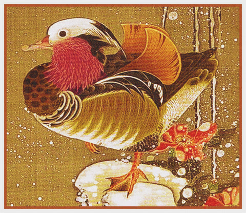 Mandarin Duck in Snow by Japanese Artist Ito Jakuchu Counted Cross Stitch Pattern