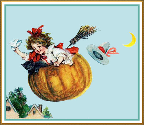 Vintage Halloween Little Girl in Flying Pumpkin by Frances Brundage Counted Cross Stitch Pattern