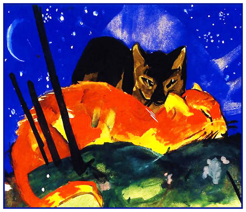 Two Cats Sleeping Under the Stars by Expressionist Artist Franz Marc Counted Cross Stitch Pattern