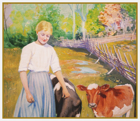 Farm Girl with Cows by Swedish Artist Jenny Nystrom Counted Cross Stitch Pattern