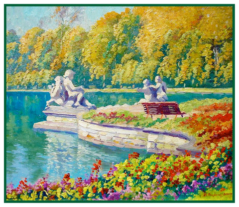 Garden by Lake Landscape by Russian Nikolay Belsky Counted Cross Stitch Pattern