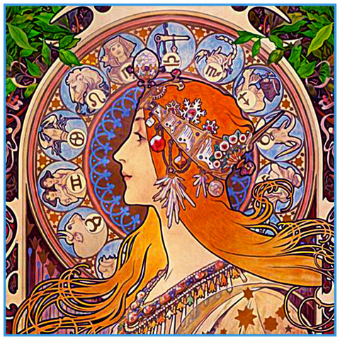 The Zodiac Maiden detail by Alphonse Mucha Counted Cross Stitch Pattern