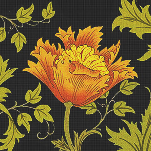 William Morris Orange Anemone Flower on Black Counted Cross Stitch Pattern