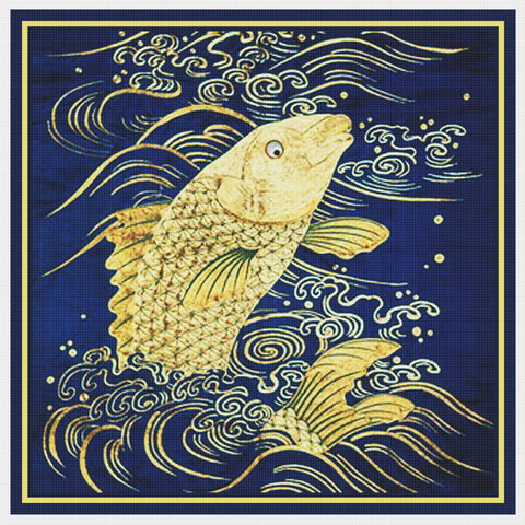 Golden Carp Fish Asian Folk Art Counted Cross Stitch Pattern DIGITAL DOWNLOAD
