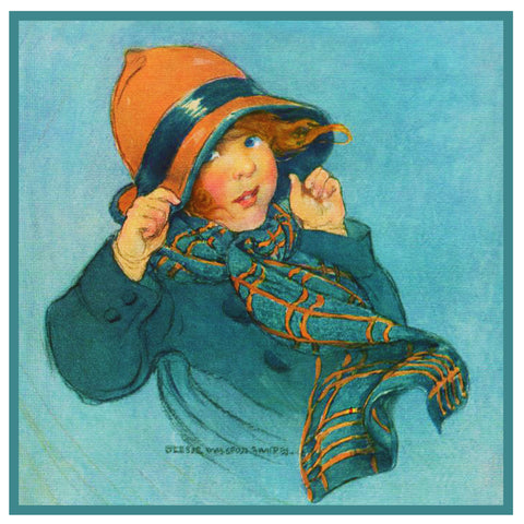 Young Girl and Autumn Winds By Jessie Willcox Smith Counted Cross Stitch Pattern