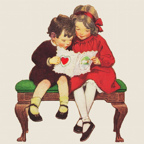 Boy and Girl Sharing a Valentine By Jessie Willcox Smith Counted Cross Stitch Pattern