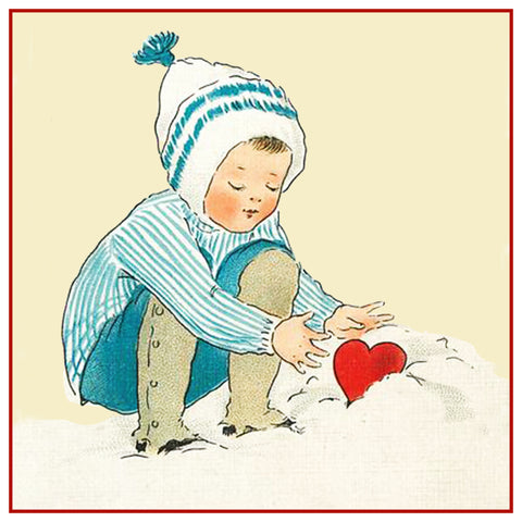 Vintage Valentine Little Boy Heart in Snow Counted Cross Stitch Pattern