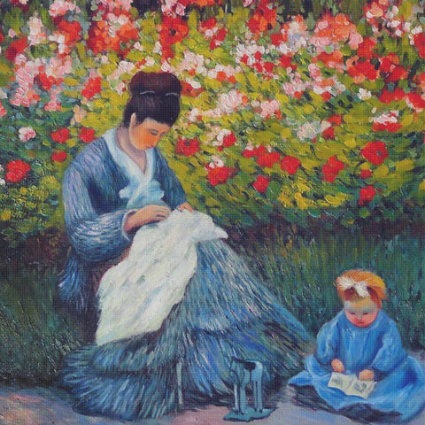 Camille Monet Stitching Garden inspired by Claude Monet's Impressionist painting Counted Cross Stitch Pattern