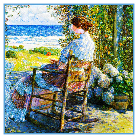 Gazing at Sea from Porch in Isle of Shoals by American Impressionist Painter Childe Hassam Counted Cross Stitch Pattern
