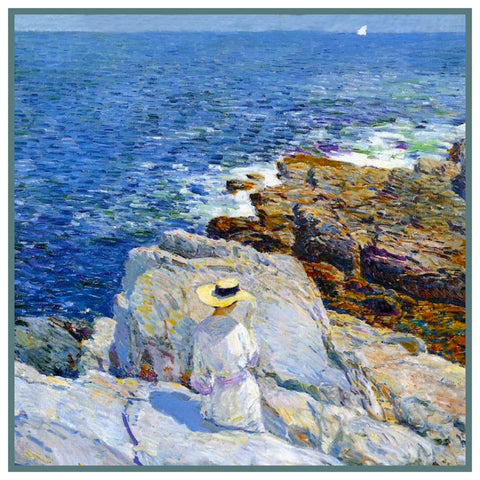 Reading on the Rocks on Appledore Island Maine by American Impressionist Painter Childe Hassam Counted Cross Stitch Pattern