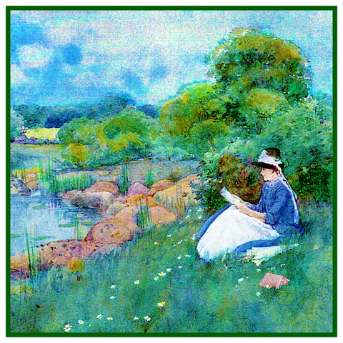 Woman Reading by a Pond in Maine by American Impressionist Painter Childe Hassam Counted Cross Stitch Pattern