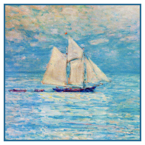 Sailing Ship at Sea Seascape by American Impressionist Painter Childe Hassam Counted Cross Stitch Pattern