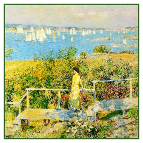Watching Sailboats in Gloucester Massachusetts Seascape by American Impressionist Painter Childe Hassam Counted Cross Stitch Pattern
