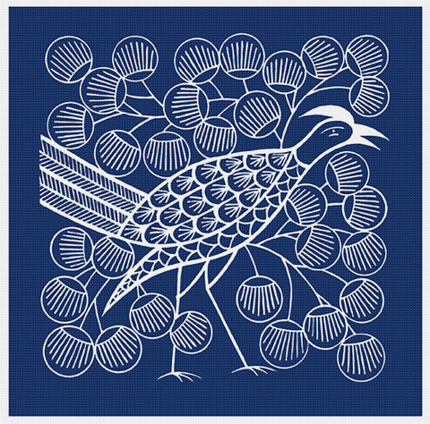 Asian Indigo Batik Bird and Feathers Folk Art Design *2 DMC Colors* Counted Cross Stitch Pattern