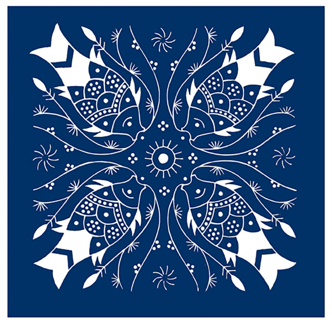 Asian Indigo Batik 4 Inward Swimming Fish Folk Art Design *2 DMC Color ...