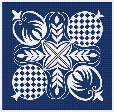 Asian Indigo Batik Fruit Decoration Folk Art Design *2 DMC Colors* Counted Cross Stitch Pattern