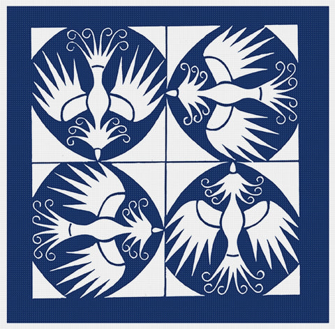 Asian Indigo Batik 4 Birds in Flight Folk Art Design *2 DMC Colors* Counted Cross Stitch Pattern