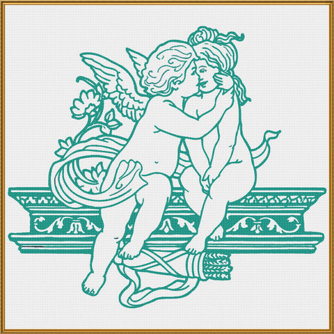 Contemporary Cupid Kissing with Acanthus Vine Sew So Simple Counted Cross Stitch Pattern