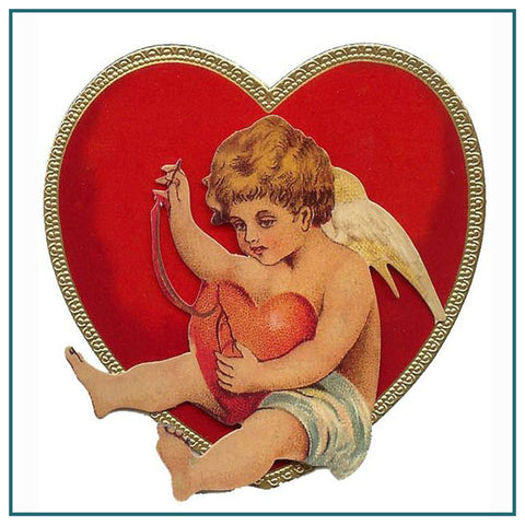 Vintage Valentine Cupid Sewing Heart in a Heart Counted Cross Stitch Pattern
