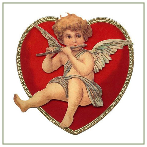 Vintage Valentine Cupid Playing Flute in Heart Counted Cross Stitch Pattern
