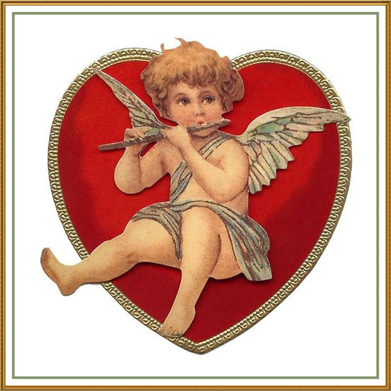 Vintage Valentine Cupid Playing Flute in Heart Counted Cross