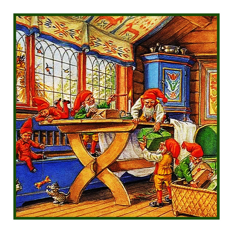 Elves Decorate for Nordic Christmas Detail #1 Jenny Nystrom  Holiday Christmas Counted Cross Stitch Pattern
