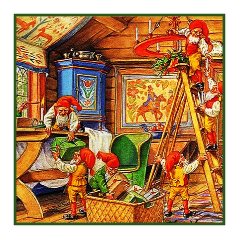 Elves Decorate for Nordic Christmas Detail #2 Jenny Nystrom  Holiday Christmas Counted Cross Stitch Pattern