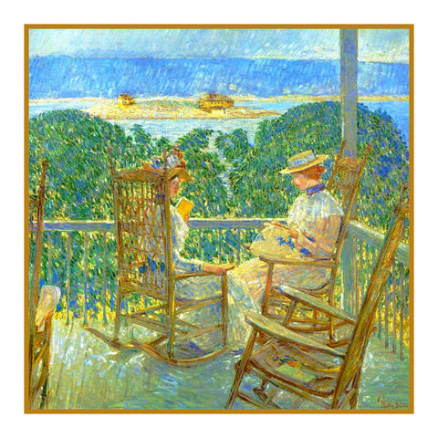 Reading and Sewing from Porch in Isle of Shoals by American Impressionist Painter Childe Hassam Counted Cross Stitch Pattern