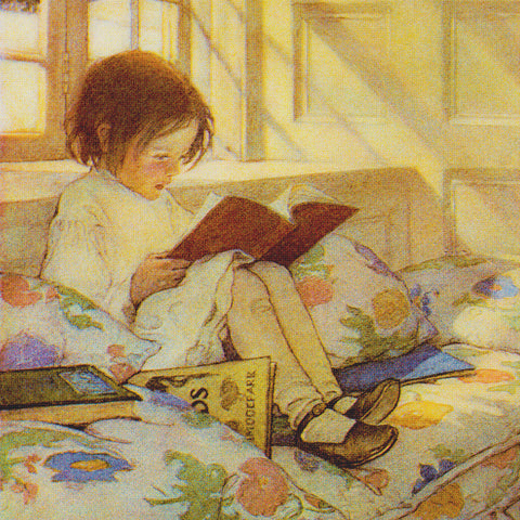 Young Girl Reading from Childs Garden of Verses Detail By Jessie Willcox Smith Counted Cross Stitch Pattern