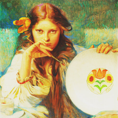 Girl Painting a Plate by Alphonse Mucha Counted Cross Stitch Pattern