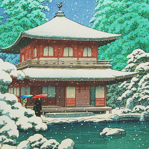 Snow Ginkakuji Temple Detail by Japanese artist Kawase Hasui Counted Cross Stitch Pattern
