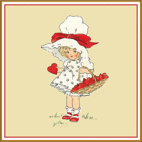 Vintage Valentine Little Bonnet Girl Basket of Hearts Counted Cross Stitch Pattern