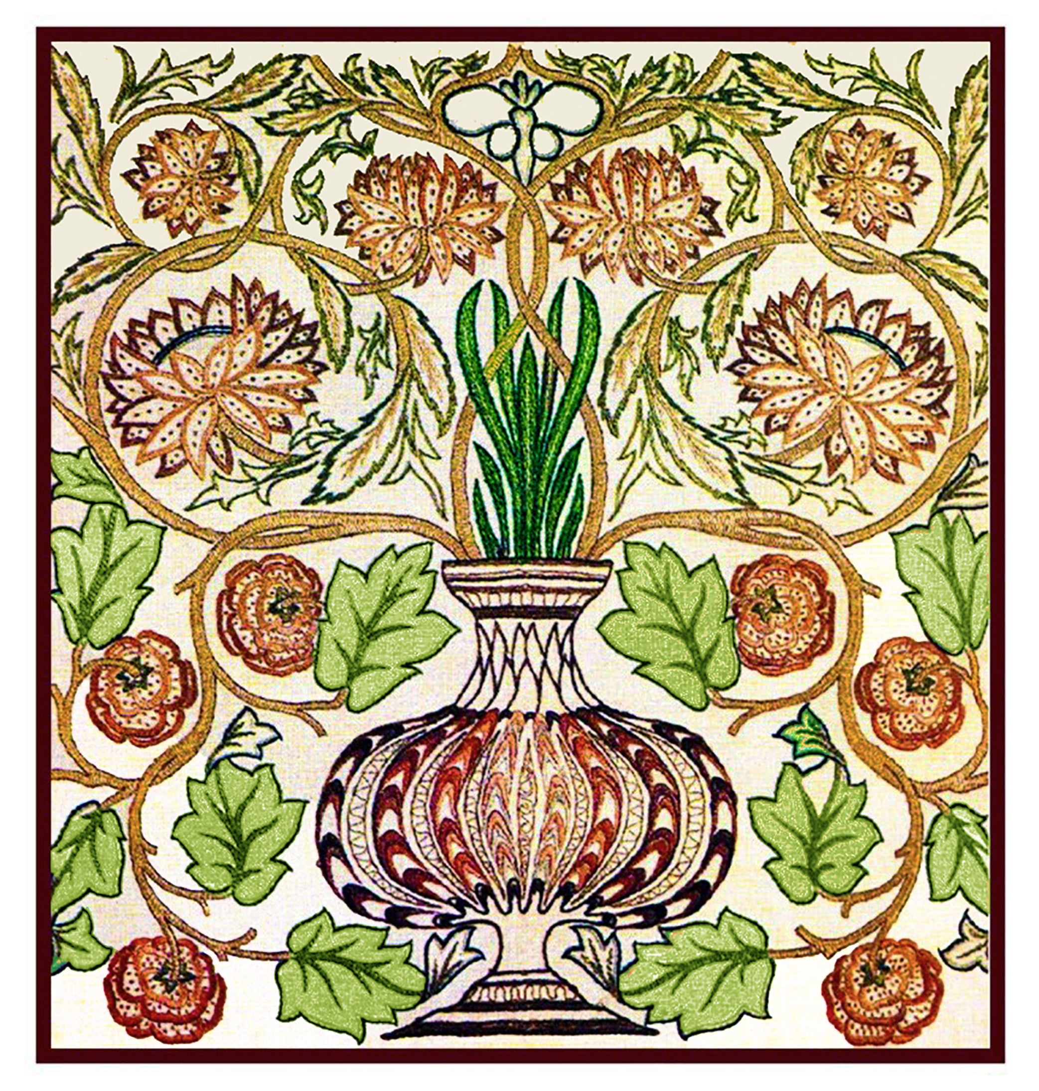 william morris plant pot William Morris Burgundy Gold Greens Pot Design Counted Cross Stitch Pa