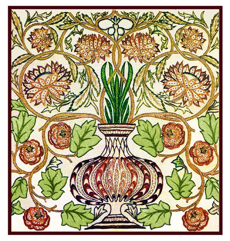 William Morris Burgundy Gold Greens Pot Design Counted Cross Stitch Pattern