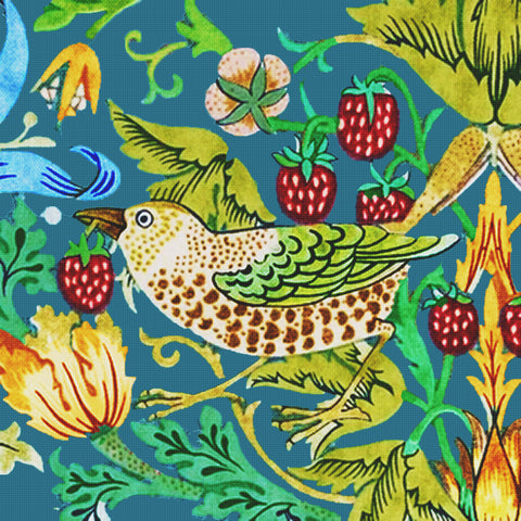 William Morris Strawberry Thief Detail in Teal Counted Cross Stitch Pattern