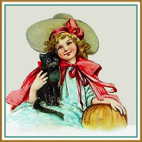 Vintage Halloween Girl Black Cat Pumpkin by Frances Brundage Counted Cross Stitch Pattern
