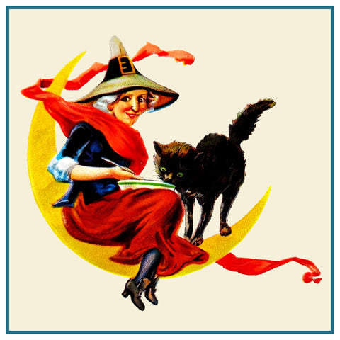 Vintage Halloween Witch Crescent Moon Black Cat by Frances Brundage Counted Cross Stitch Pattern
