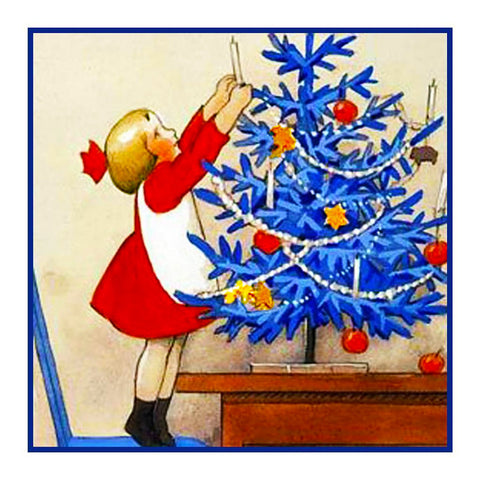 Little Girl Decorates a Blue Christmas Tree Holiday Christmas by Rudolf Koivu Counted Cross Stitch Pattern DIGITAL DOWNLOAD