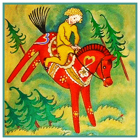 Scandinavian Christmas Child Riding a Red Dala Horse Holiday Christmas Counted Cross Stitch Pattern