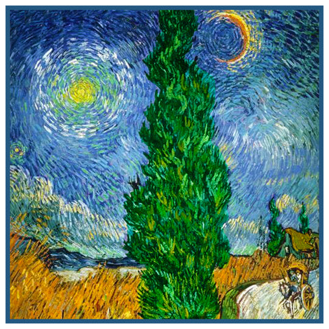 Cypress Road Moon Stars Detail by Vincent Van Gogh Counted Cross Stitch Pattern